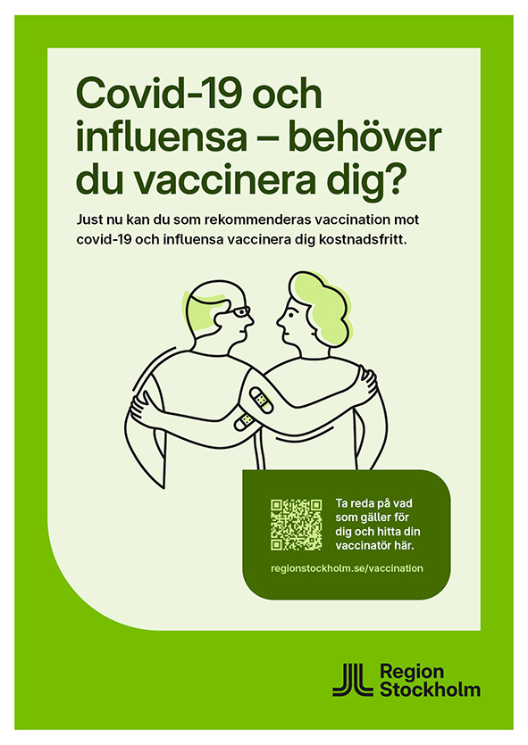 Illustration med information om covid-19 och influensavaccination.